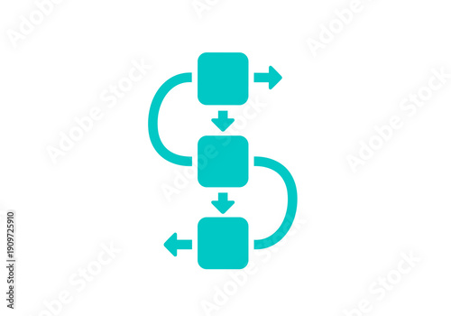 Teal icon depicts a sequential process flow with three connected squares and arrows, illustrating a cyclical workflow.