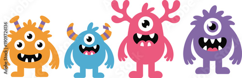 Cute one-eyed cartoon monster characters in bright colors, friendly fantasy creatures for kids games, stickers, learning apps and mascots