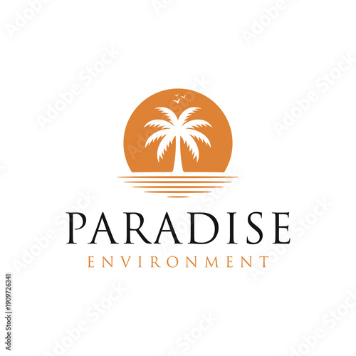 Palm tree with lake ocean sea water and Sunset sun beach resort logo design