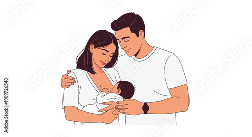A loving couple tenderly holds their newborn baby in a heartwarming embrace