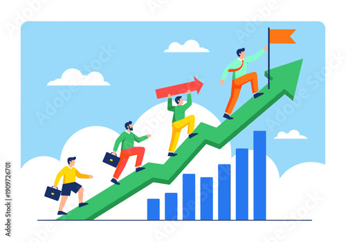 Four men climb a large green ascending arrow graph towards a flag at the peak, representing business success.