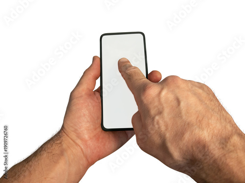 Human hairy hand holding mobile phone with other hand pointing finger over frameless blank screen first person view isolated on white