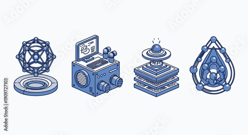 Four blue isometric line illustrations representing complex technology concepts like data structures, computing, and digital information processing.