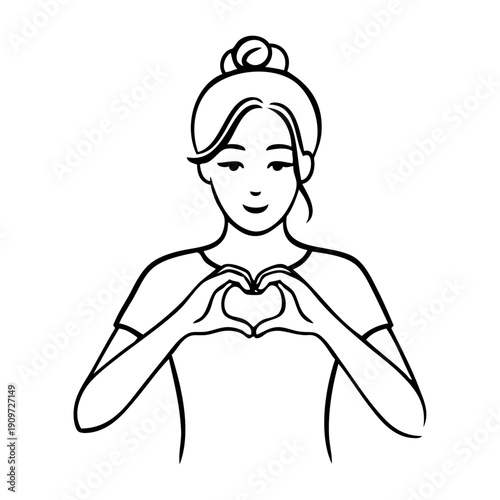 Dibujo con líneas de una mujer con dos manos formando un corazón, para tarjetas y felicitaciones de San Valentín
