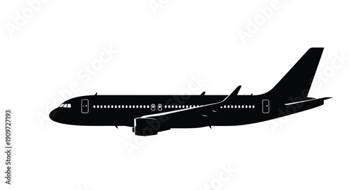 Airplane silhouette flying through clear sky, black shadow profile against white background