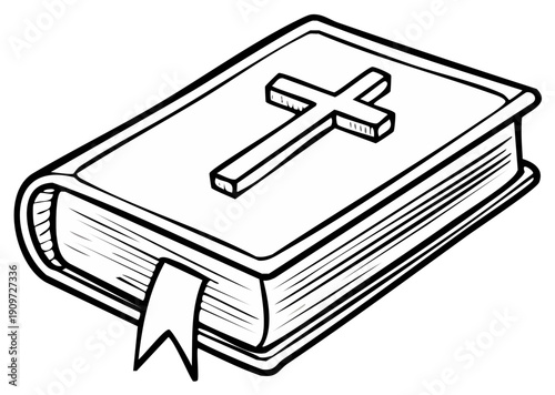 Holy Bible Line Art Illustration with Cross and Bookmark, Black and White