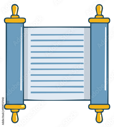 Ancient open scroll with blue and gold handles a symbol of history law and knowledge cartoon illustration