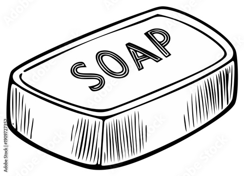 Hand drawn illustration of a bar of soap with the word SOAP etched on top