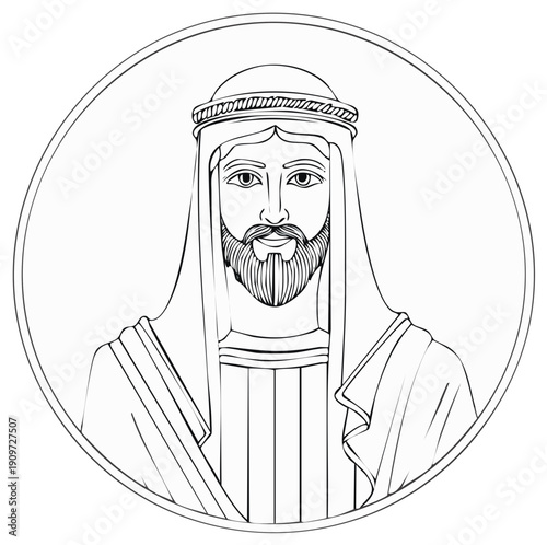 Line Art Portrait of a Bearded Man Wearing Traditional Middle Eastern Garb and Headwrap