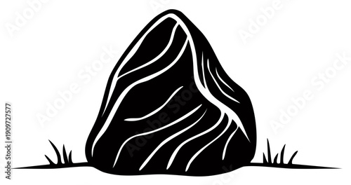 Graphic black silhouette of a large stone with white texture lines sitting in grass illustration
