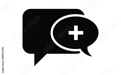 A black and white icon of a speech bubble with a plus sign