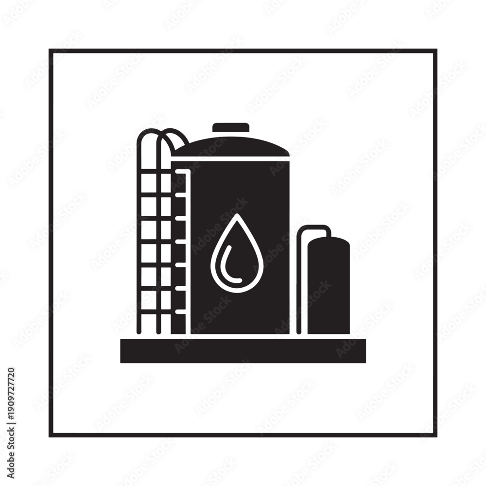 Fototapeta premium Black silhouette of an industrial tank with a water droplet symbol