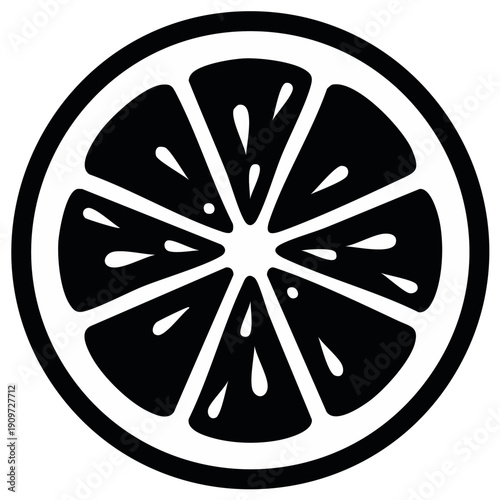 Stylized black and white citrus fruit slice icon, graphic design element, healthy food symbol