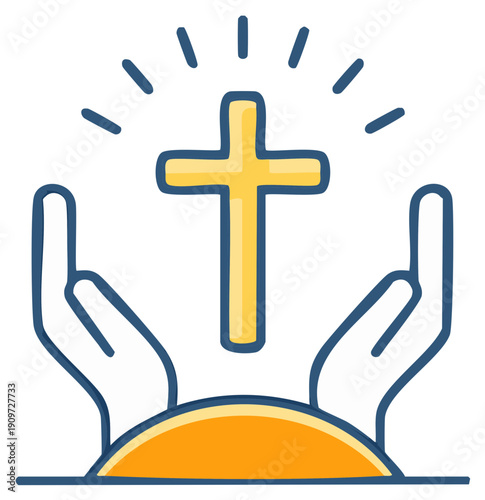 Stylized hands gently holding an uplifting radiant golden cross icon symbolizing faith devotion and hope