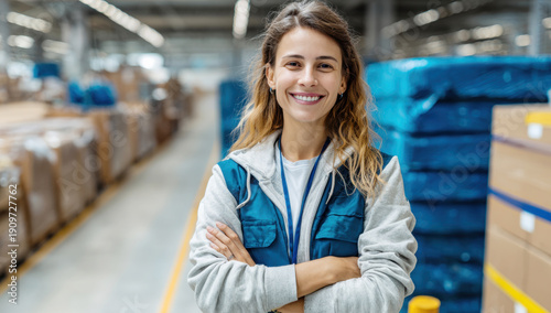 Female warehouse worker smiling, wearing hard hat in industrial storage facility, managing logistics and inventory