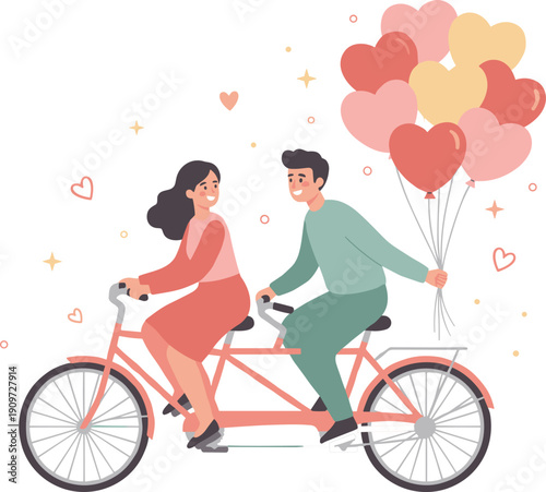 Romantic couple riding tandem bicycle with heart balloons celebrating love, Valentine day illustration, cute cartoon vector flat design background