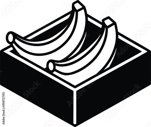 A black and white isometric depiction of bananas in a box a graphic silhouette