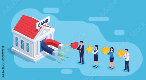 Bank building with a large red magnet attracting various people holding money and symbols of loyalty and value.
