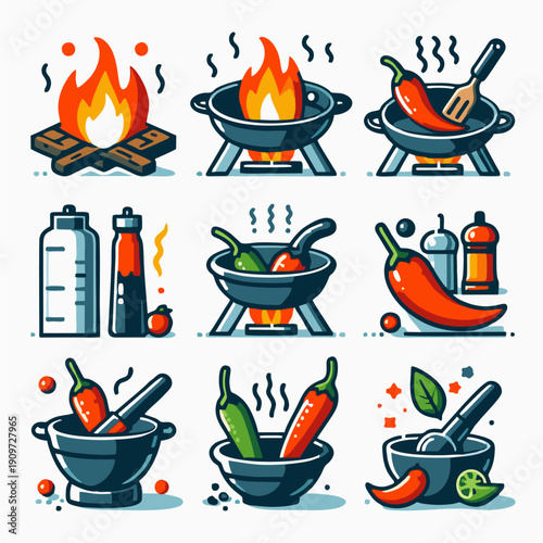 Barbecue Grill Icon Set Cartoon Vector Design