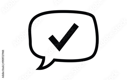 A simple black and white icon of a speech bubble with a checkmark