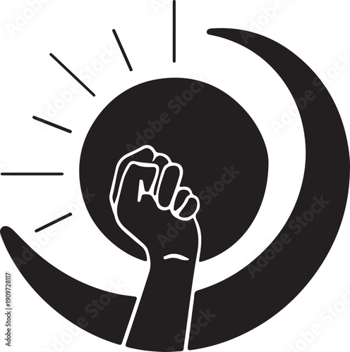 Raised Fist Inside a Moon with Radiating Lines crescent black