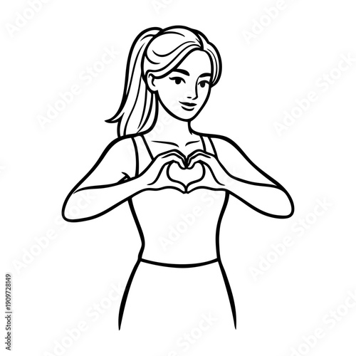 Dibujo con líneas de una mujer con dos manos formando un corazón, para tarjetas y felicitaciones de San Valentín