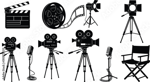 Set of black cinema equipment silhouettes featuring movie cameras, film reels, clapperboard, spotlights, microphones, and director chair for film production and media industry,