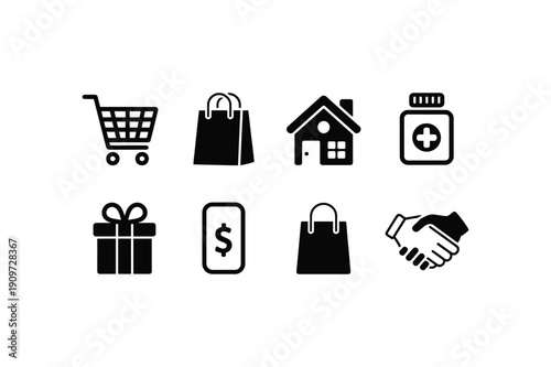 Black icons for business shopping and real estate on white background cart grocery handbag