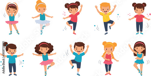 Cute Kids Dancing and Jumping Cartoon Set with Happy Children Performing Fun Dance Moves, Energy Poses, and Playful Expressions Vector Illustration