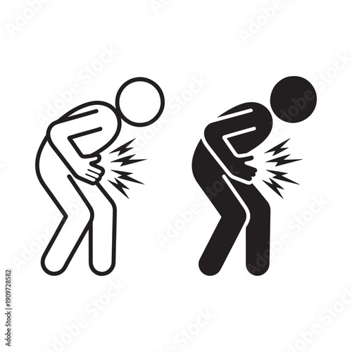 Two black and white icons depicting a person experiencing abdominal pain