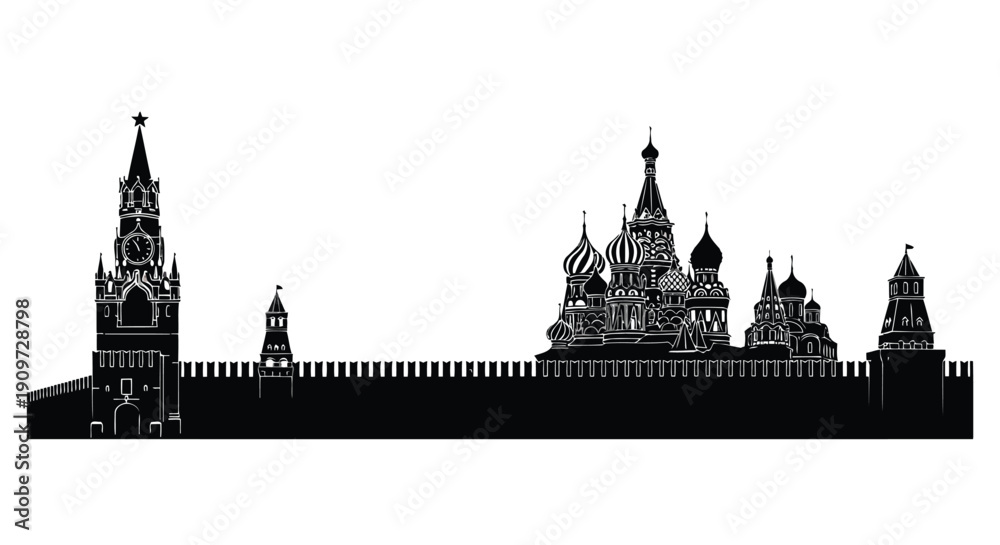 Fototapeta premium Moscow Kremlin silhouette with St. Basil's Cathedral and Spasskaya Tower against white background