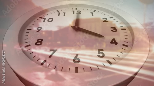 On playback start, clock hands rotating clockwise across face, skyline overlay showing time passage