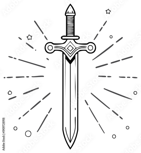 Stylized sword illustration with starburst effect, black and white design
