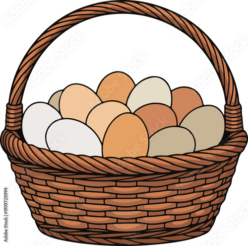 Brown Woven Basket Full of Colorful Eggs white background