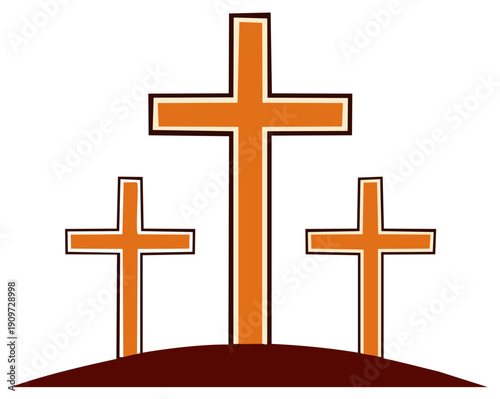 Three orange Christian crosses on a hill, symbolic religious illustration in cartoon style