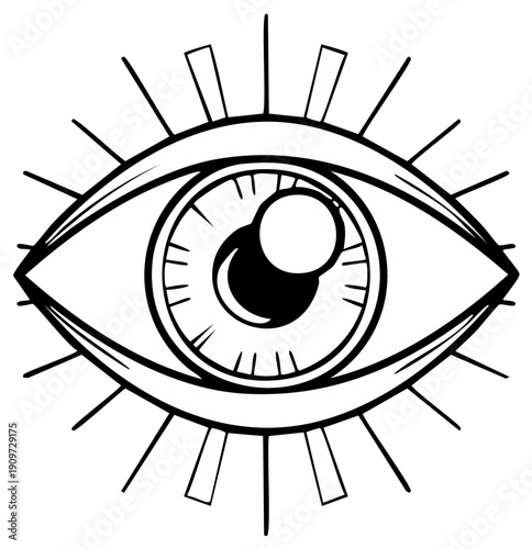 Symbolic eye illustration with eyelashes and abstract details, monochrome art design