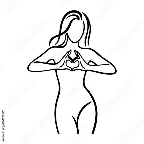 Dibujo con líneas de una mujer desnuda con dos manos formando un corazón, para tarjetas y felicitaciones de San Valentín