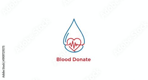 Blood drop with red heart and heartbeat line vector icon, blood donation concept, isolated on white