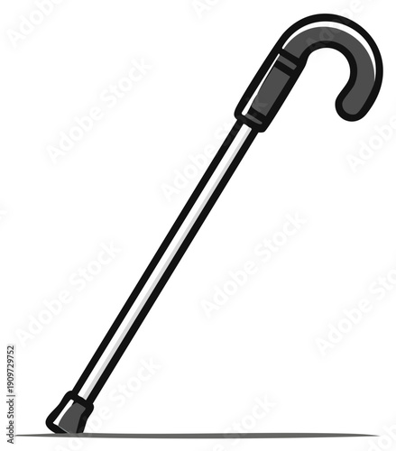 Simple black and grey cane with curved handle and rubber tip standing upright with shadow