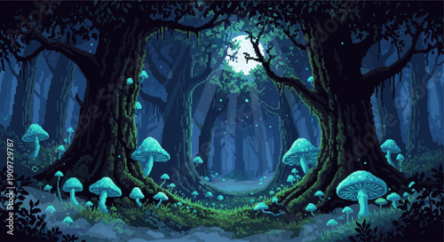 Pixelated illustration of a dark, enchanting forest at night, illuminated by moonlight and glowing mushrooms. Ideal for fantasy game design, retro graphics, and whimsical themes.