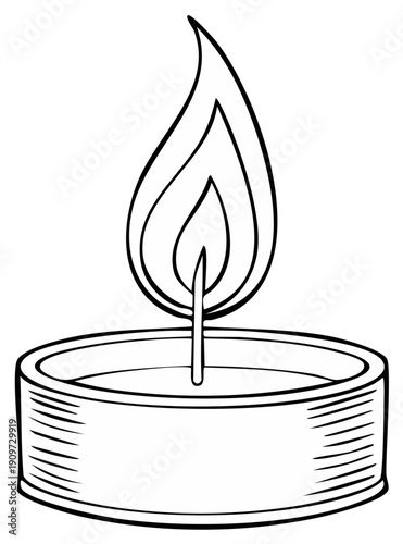 Black and white line art illustration of a burning tealight candle with a flame for a coloring page