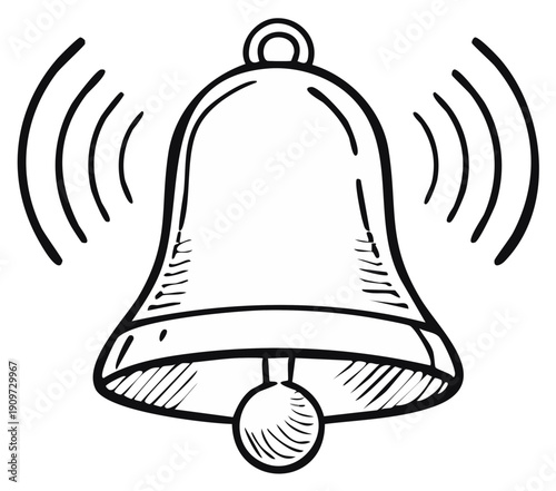 Outline illustration of a ringing bell with sound waves