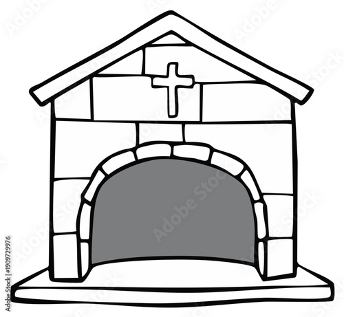 Simple Line Drawing of a Stone Chapel with a Cross Symbol Above an Archway