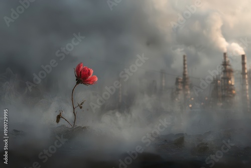Flower blooming among industrial pollution with smoke and dark clouds background, Strong symbolism of life versus destruction concept
