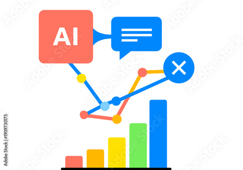 An AI block connects to a chat bubble, line graph data, a bar chart, and an 'X' icon, illustrating data analysis.