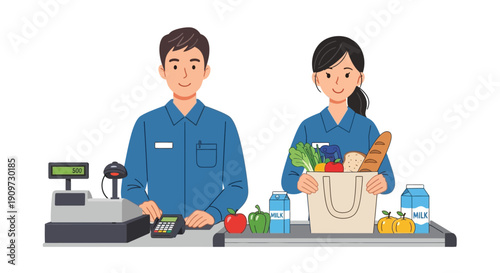 Two retail workers assisting a customer at a grocery store checkout