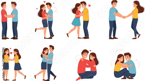 Happy Romantic Couples Hugging, Holding Hands, and Expressing Love in Relationships for Dating, Marriage, Valentine’s Day, and Emotional Moments Illustration Set
