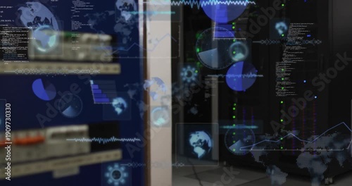 Data feed activating, server racks projecting expanding HUD overlay showing performance metrics