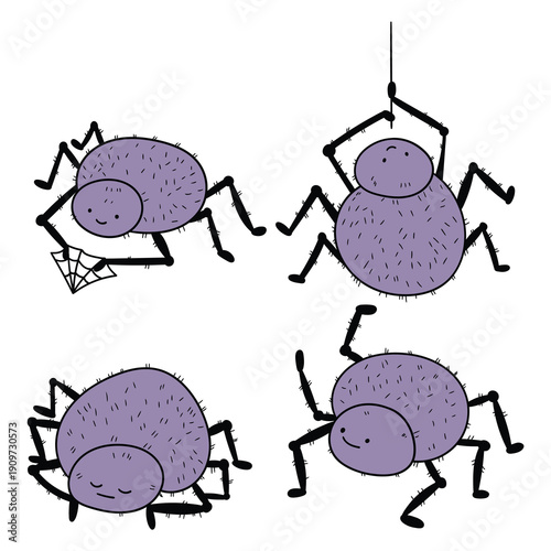 Hand-drawn cartoon set of spiders on a white background.