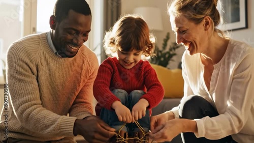 Family tying shoelaces together in a bright living room